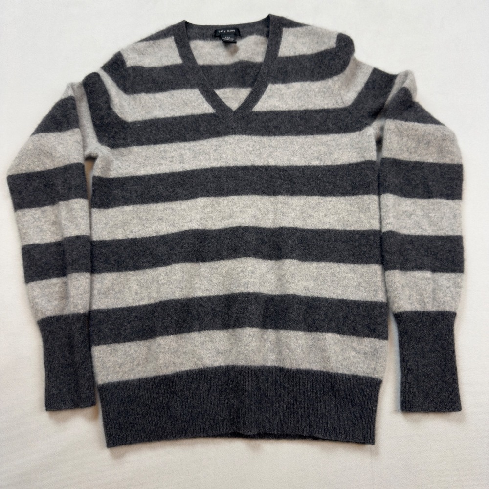 Only Mine 100% 2 Ply Cashmere‎ V-Neck Striped Sweater Grey Women's Medium Flaw